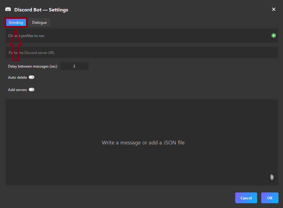 Окно настроек Discord бота