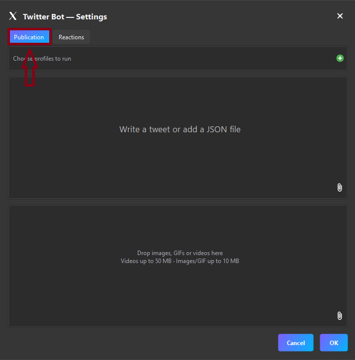 Окно настроек Twitter бота