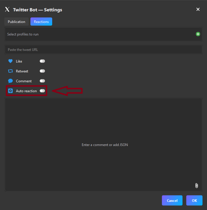 Окно настроек Twitter бота