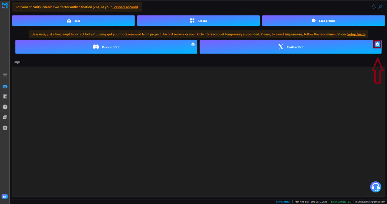 Twitter bot settings window