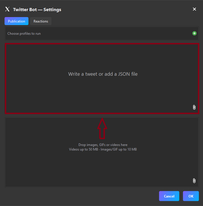 Twitter bot settings window