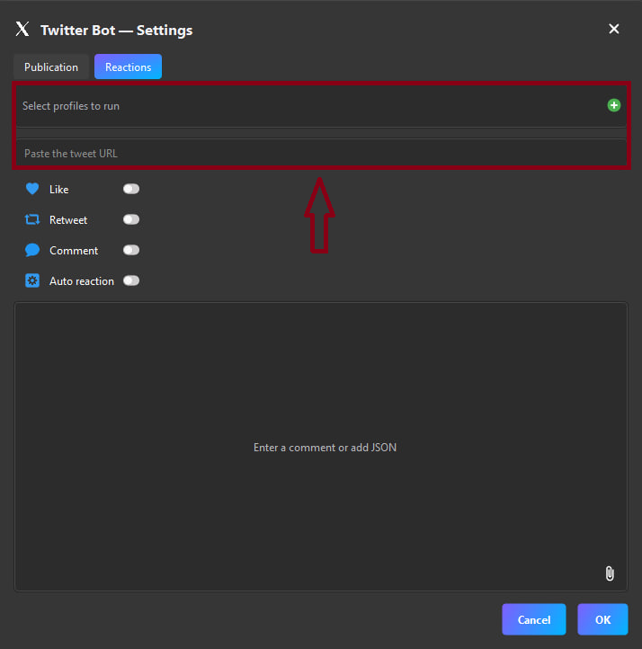 Twitter bot settings window