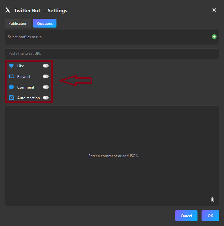Twitter bot settings window